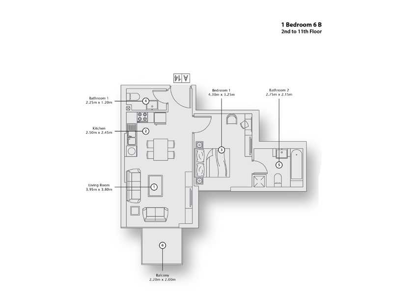1 Bedroom Apartment 6 B, 2nd to 11th Floor